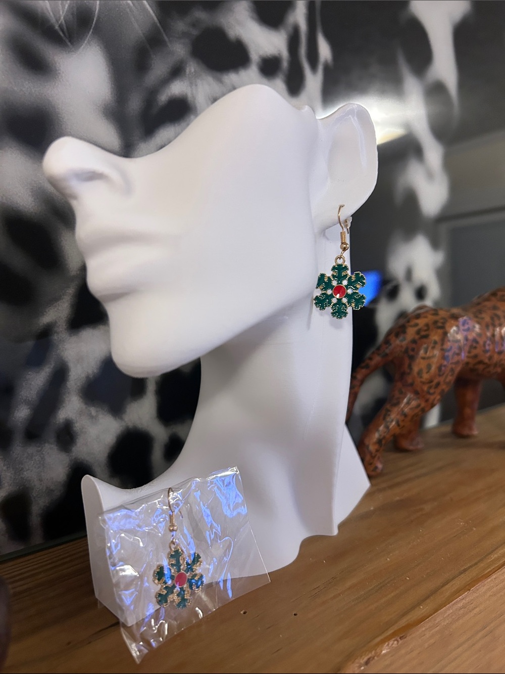 Green Snowflake Drop Earrings with Red Center (NWOT)